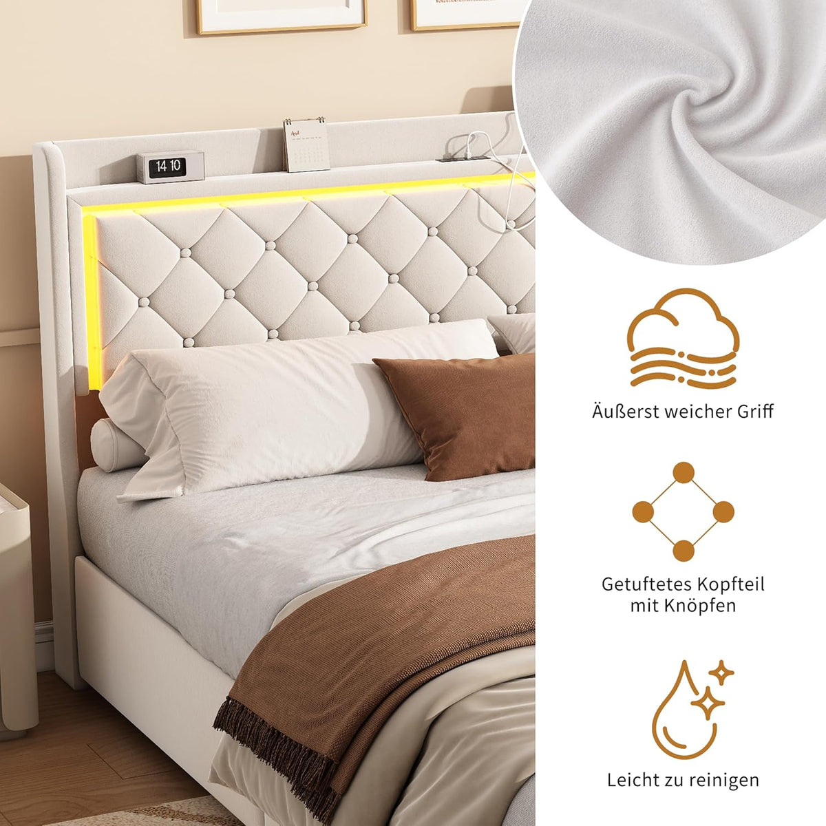 Cama tapizada de 90x200 cm con iluminación LED, USB y canapé hidráulico – Cama individual juvenil con almacenamiento, somier y cabecero, terciopelo beige, sin colchón (Beige-3, 90x200 cm)