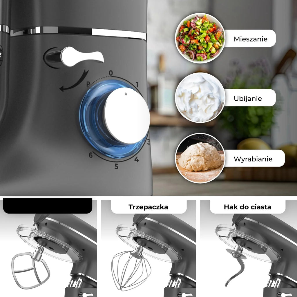 Robot kuchenny 2000 W, robot kuchenny, procesor żywności, miska do mieszania 6,2 l, w zestawie maszynka do mielenia mięsa, blender i dodatkowe akcesoria (Antracytowy)