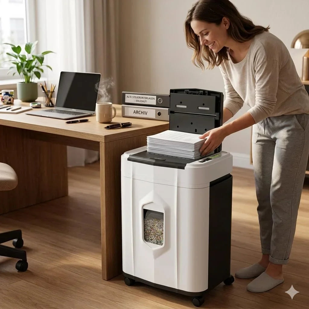 Destructora de documentos con alimentación automática de 120 hojas, corte en partículas P4, funcionamiento continuo de 60 minutos, depósito de 25 L y sistema anti-atasco