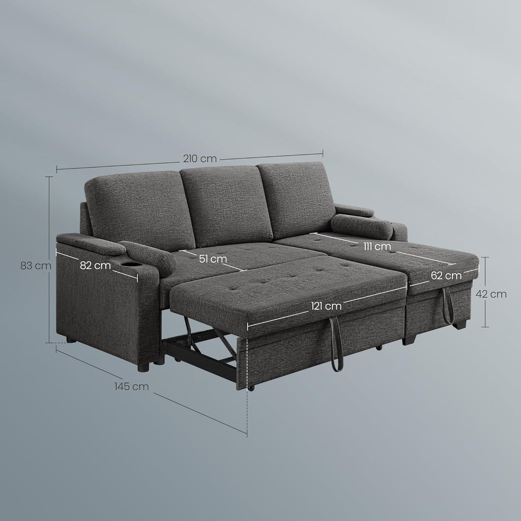 Sofá cama VASAGLE, sofá, sofá cama con espacio de almacenamiento, muebles tapizados, funda de mezcla de algodón y lino, portavasos, moderno, habitación de invitados, gris LCS801G01