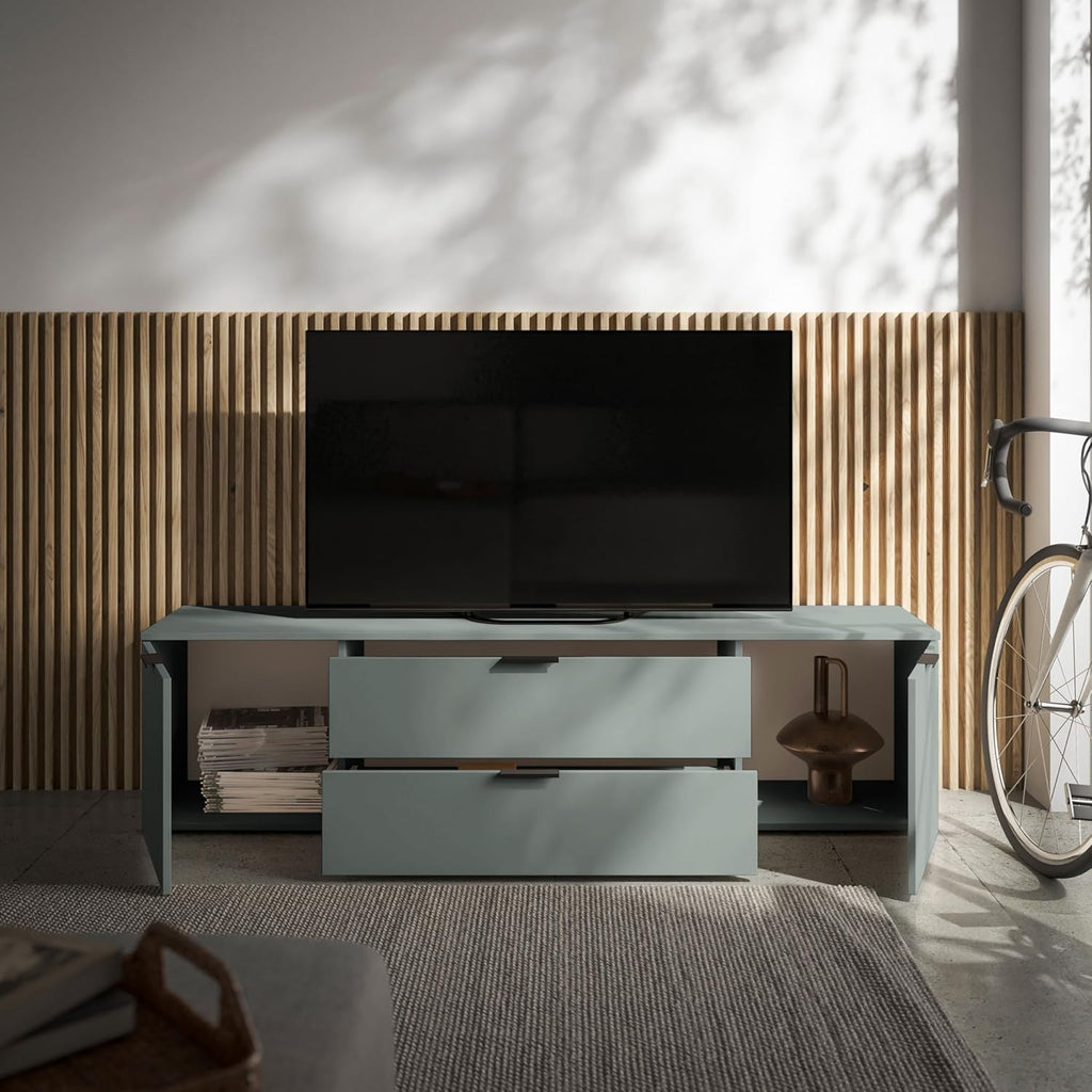 Mueble de TV LINZ en color salvia - Mueble de televisión moderno con cajones y gran espacio de almacenamiento - 180 x 47 x 40 cm (ancho/alto/fondo)