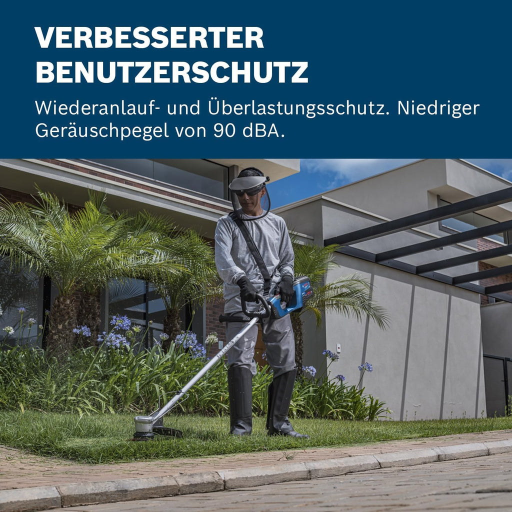 Desbrozadora a batería Bosch Professional 18V System GFR 18V-23 (motor sin escobillas, diámetro de corte 23 cm, 1 bobina de hilo, 1 correa para el hombro, juego de cuchillas para desbrozadora, estribo protector de plantas)