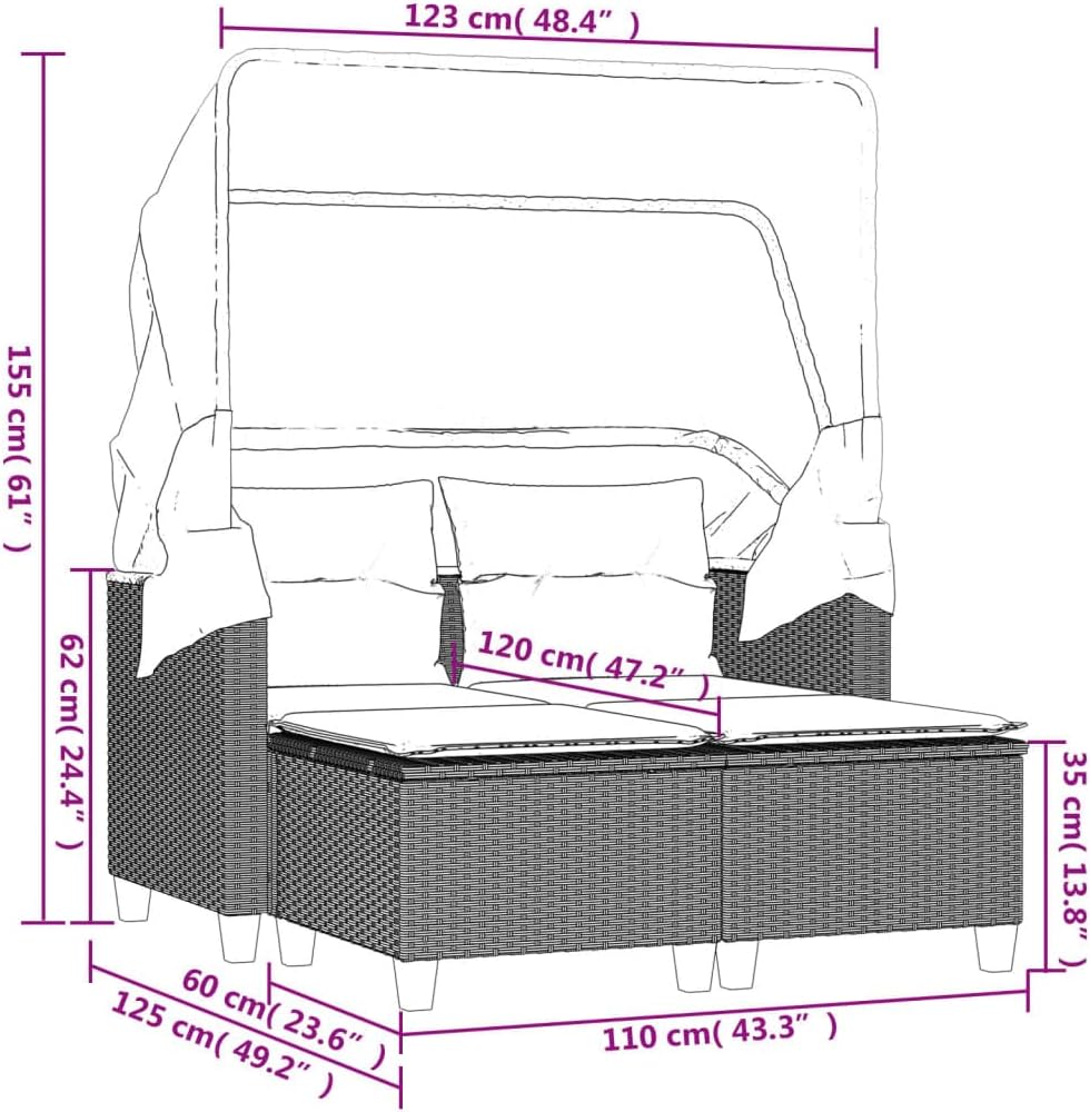 Sofá de jardín de 2 plazas vidaXL con techo y reposapiés, sofá de exterior, muebles de jardín, conjunto de salón para patio, muebles de terraza para dos personas, poliratán gris