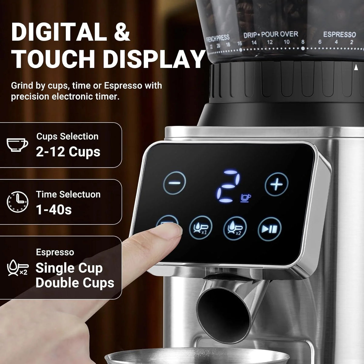 AMZCHEF Elektryczny młynek do kawy ze zdejmowanym uchwytem na sitko i pojemnik, młynek do kawy, z 24 stopniami mielenia, regulowany do espresso/Drip/Pour Over/Cold Brew/French Press
