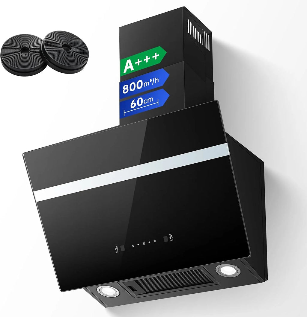 TopStrong Okap kuchenny 60 cm, 800 m³/h, obieg powietrza wylotowego z filtrem z węglem aktywnym, A+++, cichy okap z oświetleniem LED, okapy ścienne, 3 stopnie + ekran dotykowy Booster, silnik