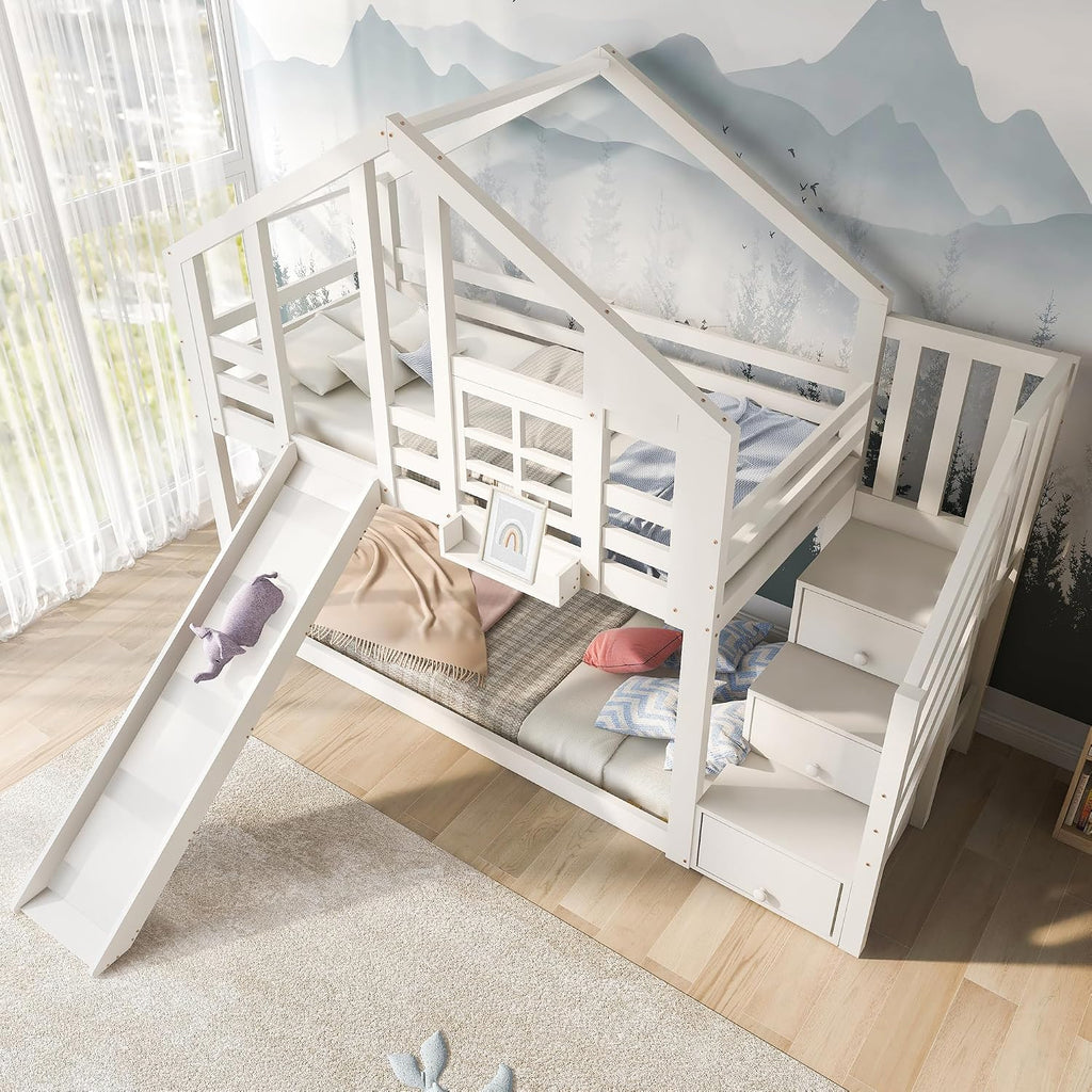 Cama alta infantil Mrwoo de 90 x 200 cm con diseño de casa del árbol, litera para niños estilo ventana con tobogán y protección anticaídas, escalera con almacenaje integrado, somier, blanco (sin colchón)