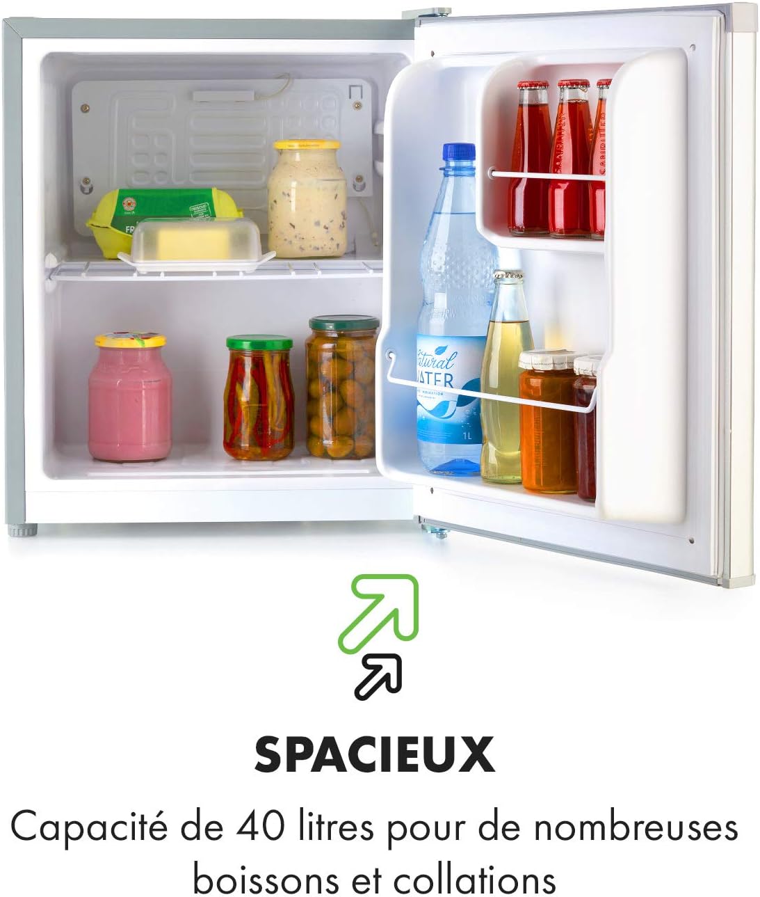 Mininevera KLARSTEIN Scooby - sistema EcoExcellence, eficiencia energética E, capacidad de 40 l, regulador de temperatura, estante extraíble, compartimento para botellas de hasta 2 l, 41 dB, color plata
