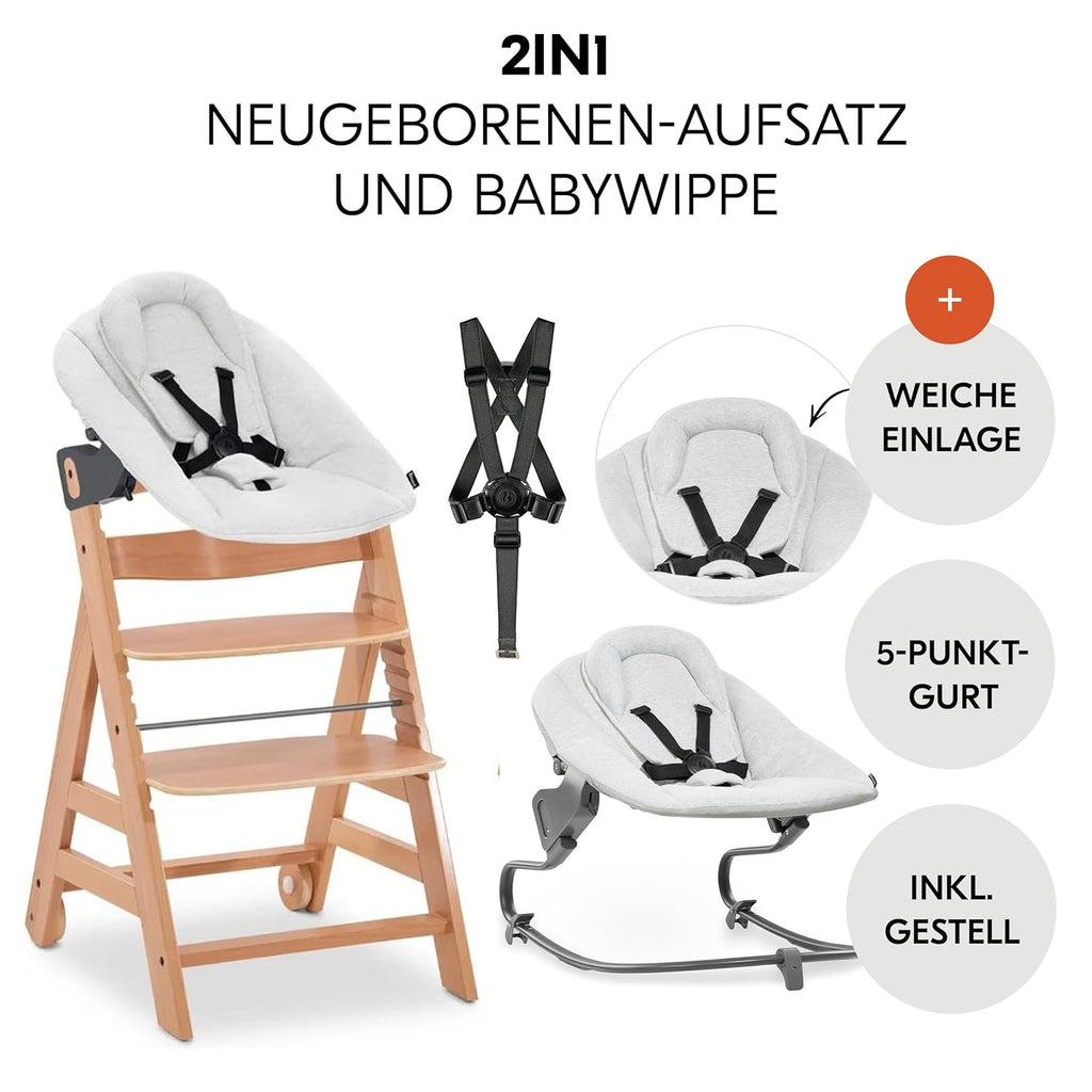 hauck Trona Beta+ Newborn Set Premium Dark Grey - Set de trona para bebé desde el nacimiento con accesorio para recién nacido Bouncer, cojín de asiento y bandeja - Gris oscuro