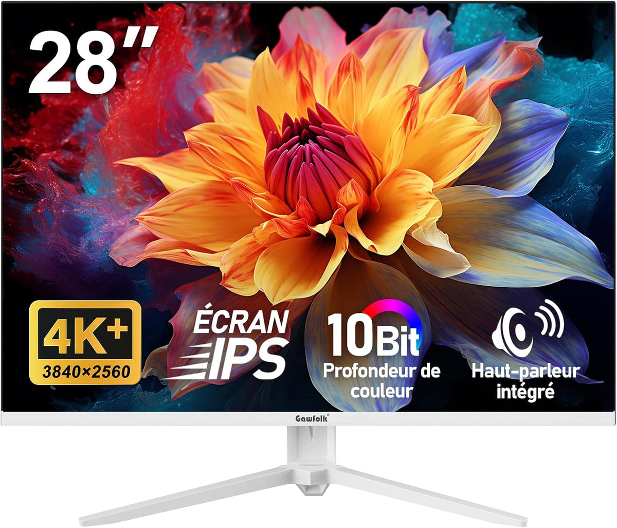 Monitor de PC Gawfolk UHD 4K de 28 pulgadas, monitor IPS Ultra HD (3840 × 2560 p), 3:2, 10 bits, 1.07 mil millones de colores, 128% sRGB, altavoces integrados, ángulo de visión amplio de 178°, DisplayPort, HDMI, blanco