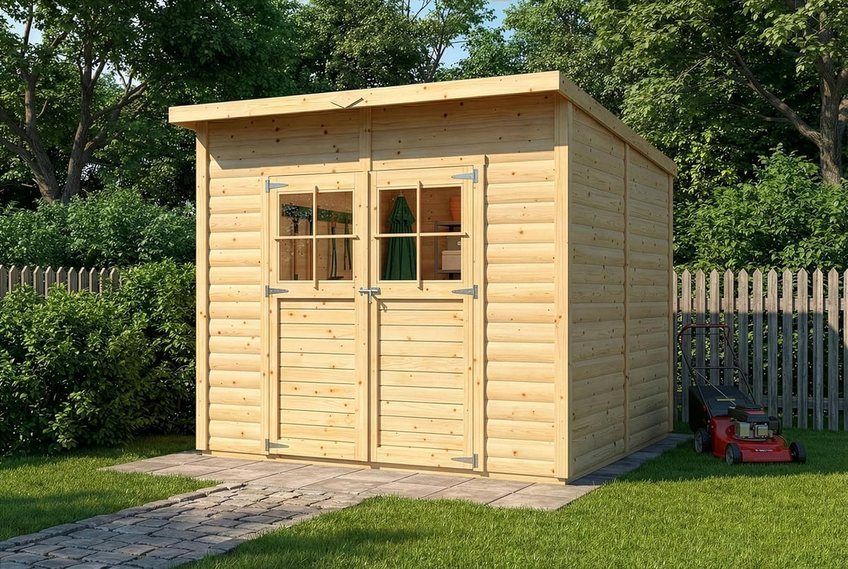Cobertizo Alpholz Alster 251x254cm acabado natural con 19mm de grosor de pared y techo inclinado, incluye suelo