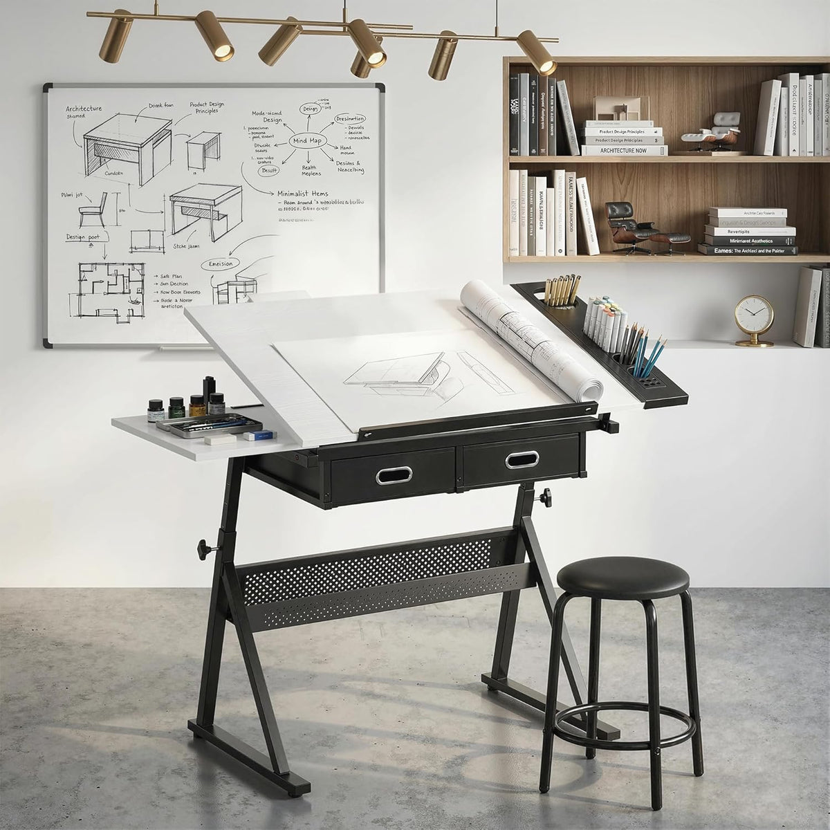 Mesa de dibujo HOMCOM con taburete, mesa de arquitecto, mesa de trabajo ajustable en altura con tablero inclinable y 2 cajones, escritorio para estudiantes, arquitectos y artistas, blanco