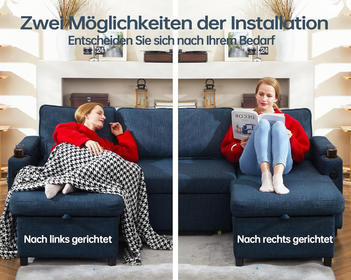 DURASPACE Sofá cama extraíble 2 en 1, sofá seccional con almacenamiento, USB, portavasos, función de dormir y arcón, sofá esquinero con espacio de almacenamiento para apartamento, sala de estar (azul)