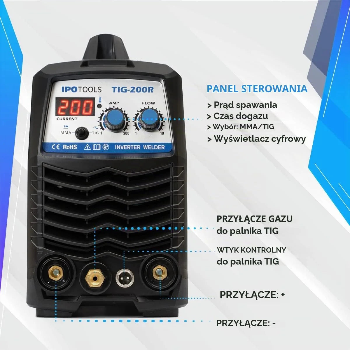 IPOTOOLS TIG-200R spawarka TIG WIG DC – spawarka TIG WIG 200 A, w pełni cyfrowa spawarka inwertorowa z cyfrowym wyświetlaczem LCD, zapłon HF, MMA E-Hand IGBT