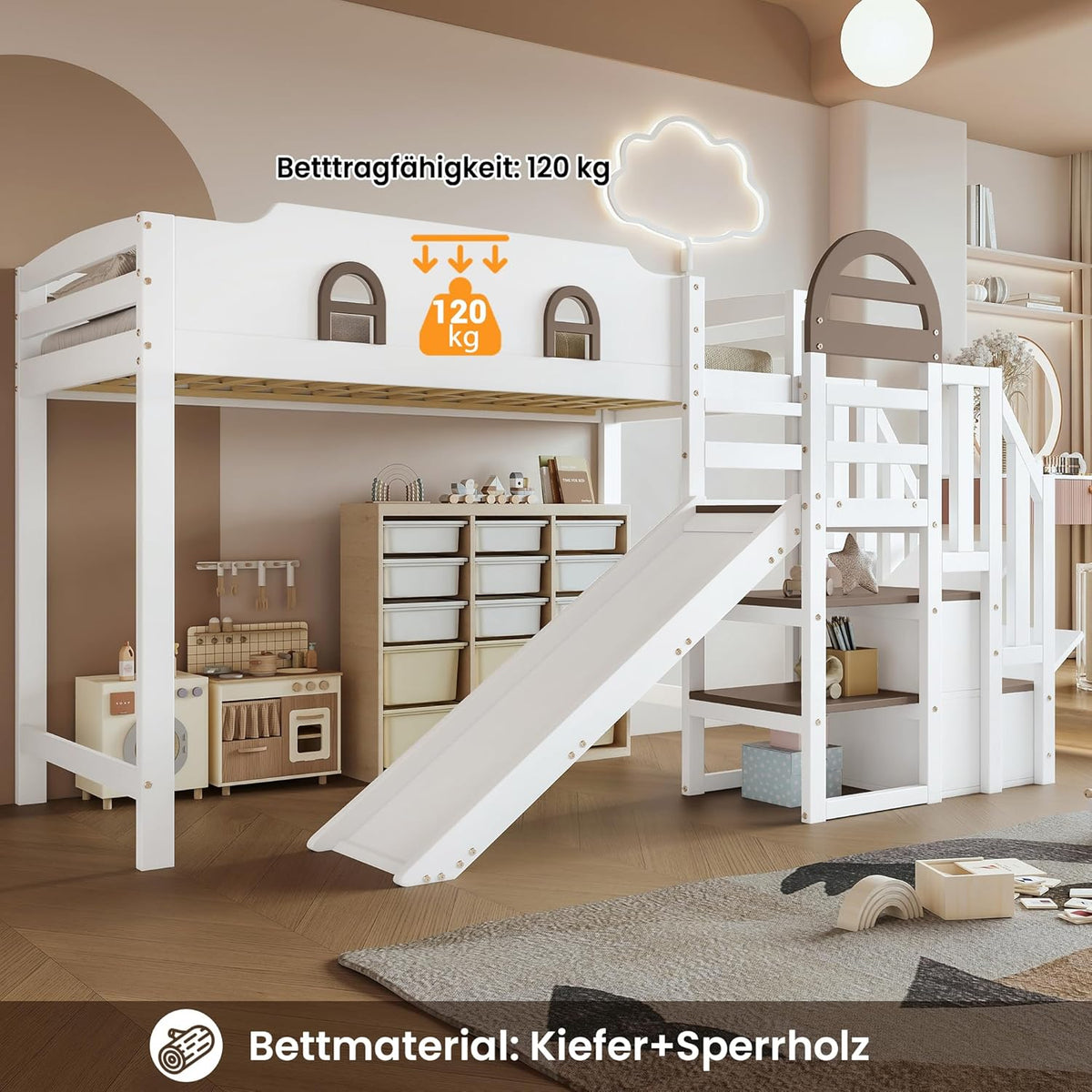 Kinderbett Etagenbett 90x200,Hausbett Hochbett mit Rutsche&Regal&Stauraum Treppe,Bettgestell mit Rausfallschutz&Lattenrost, Funktionsbett Stockbett Spielbett Jugendbett,Kiefernholz,Ohne Matratze,Weiß