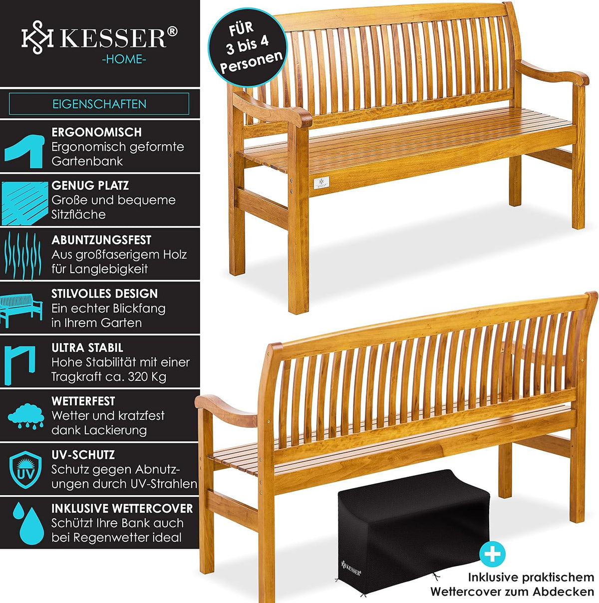KESSER® Banco de jardín de madera, resistente a la intemperie | Para 3 a 4 personas | Banco de parque de madera maciza | Banco con capacidad de carga de 320 kg, 150 cm | Banco para balcón, terraza y jardín, incl. funda, marrón claro