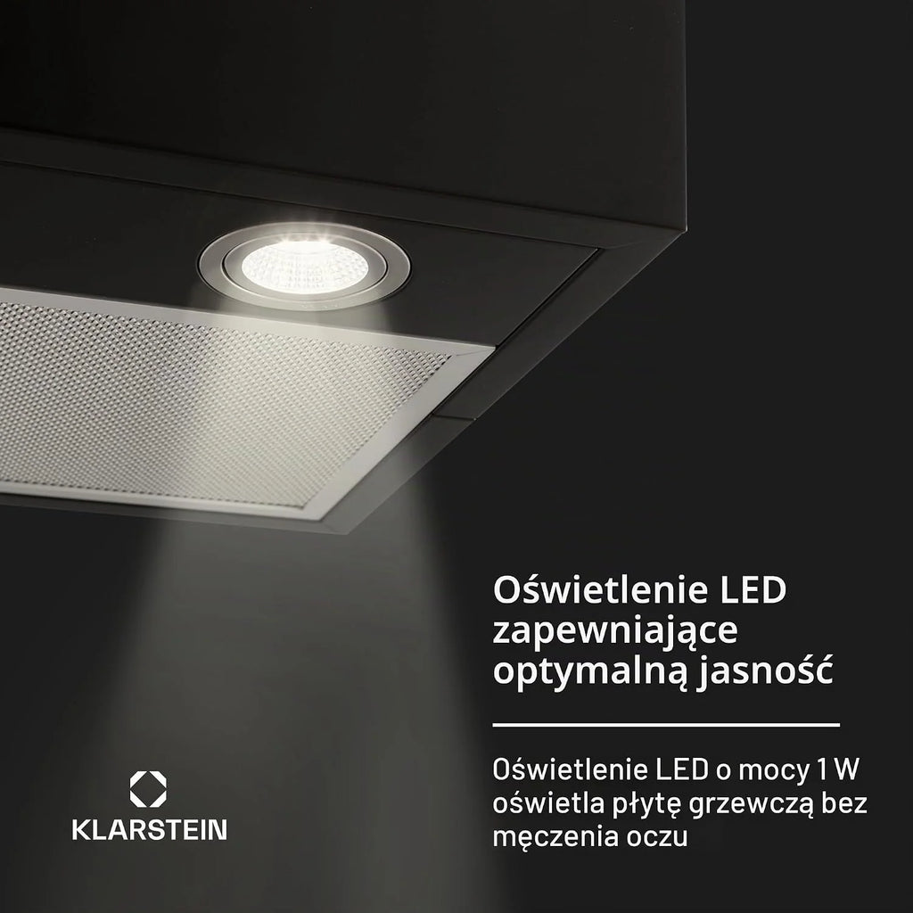 Klarstein Okap kuchenny, Okap wyspowy wiszący, wyciągowy/z recyrkulacją, Nowoczesny z 3 biegami, Timer, Przepływ 624 m³/h, Filtr węglowy, Wydajny wyspowy, Czarny