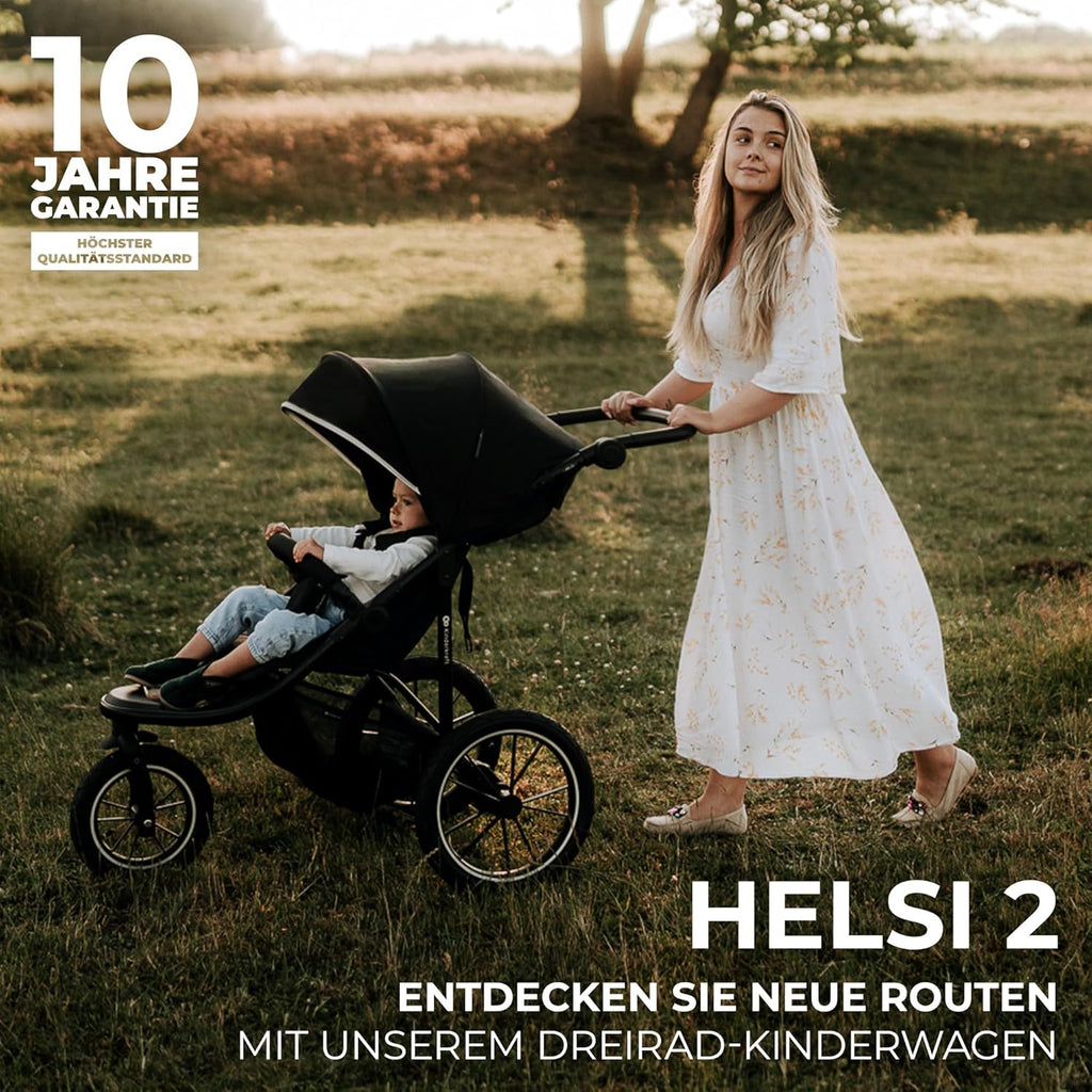Kinderkraft HELSI 2 Silla de paseo hasta 27 kg, cochecito desde el nacimiento, silla de paseo para correr con grandes ruedas neumáticas, función de reclinado, asa parental ajustable, plegable, cesta debajo del asiento, negro