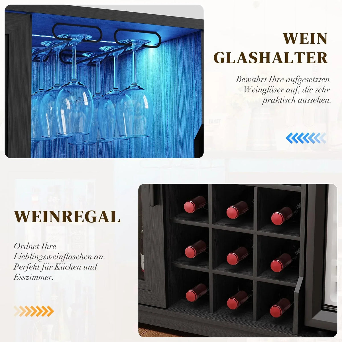 Mueble bar con refrigerador WR003B 120 x 40 x 78 cm iluminación LED 9 botelleros sensor de movimiento
