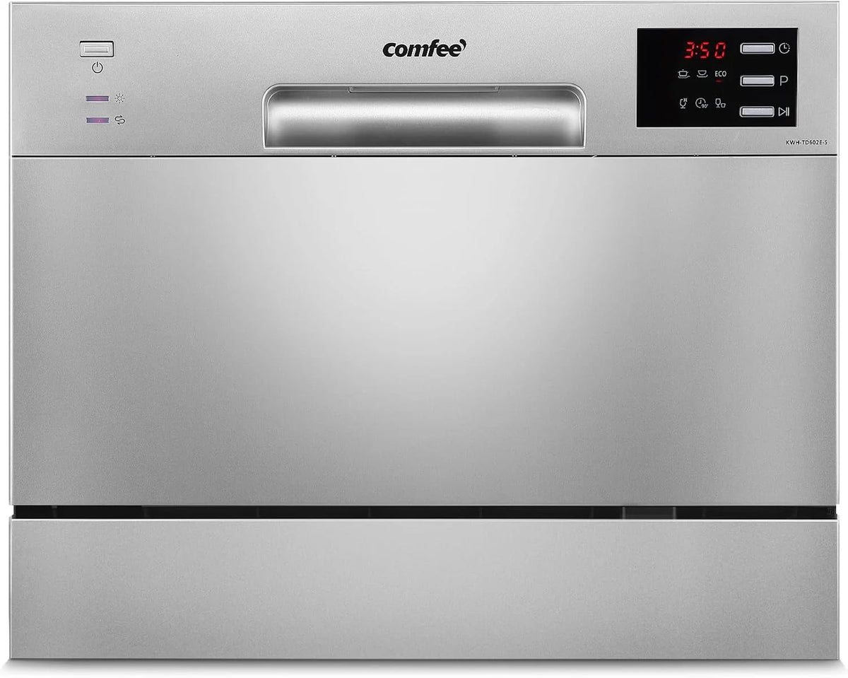 COMFEE' Kompaktowa zmywarka stołowa TD602E-S mini zmywarka z 6 pokrywkami, 6 programami, wyświetlaczem LED, opóźnionym startem i funkcją mycia w godzinach poza końcówką - srebrna