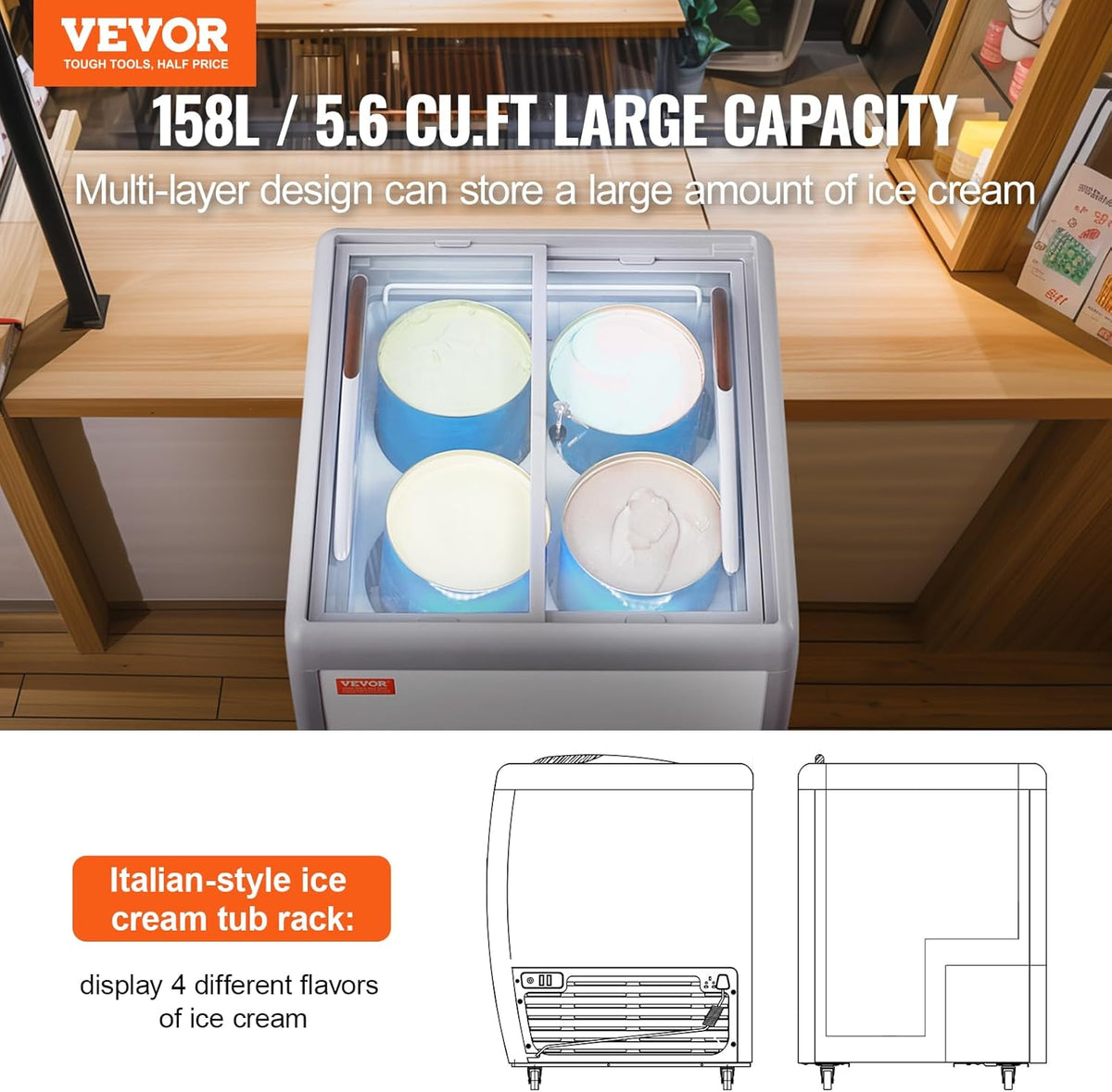 Vitrina comercial para helados VEVOR, arcón congelador de 158 L, congelador móvil con tapa de cristal, vitrina para heladería de restaurante con 4 recipientes grandes, 2 puertas correderas de cristal, ruedas bloqueables, blanco