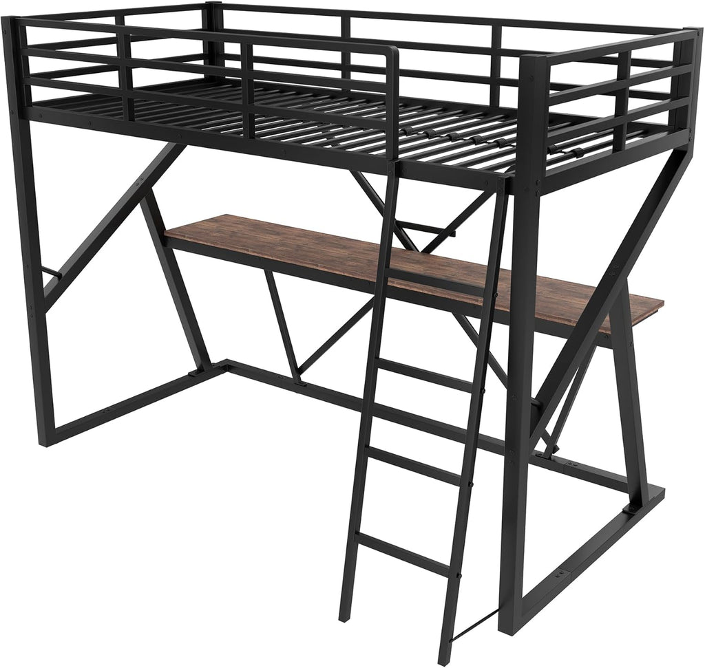 Cama alta infantil 90x200 cm, litera, cama de metal con tira LED, escritorio y escalera, cama individual juvenil, cama multifuncional, estructura de cama con protección anticaídas y somier, sin colchón, negro