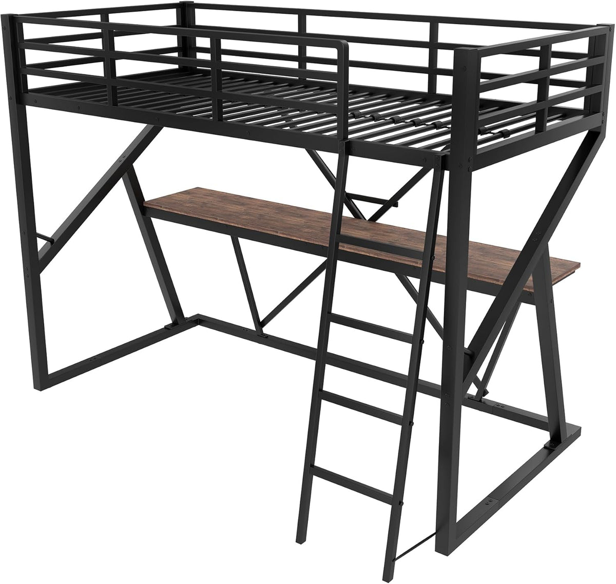 Cama alta infantil 90x200 cm, litera, cama de metal con tira LED, escritorio y escalera, cama individual juvenil, cama multifuncional, estructura de cama con protección anticaídas y somier, sin colchón, negro