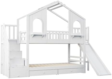 Cuna litera 90x200, cama alta en forma de casa con tobogán, escalera de almacenamiento, 2 cajones, ventanas y tejado, litera cama doble de madera con somier y protección anticaídas, pino, sin colchón, blanco