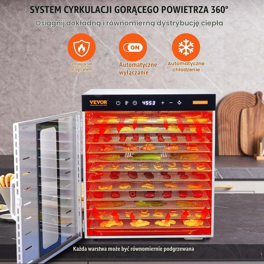 VEVOR Maszyna do odwadniania żywności 10 tacek ze stali nierdzewnej 1000 W Elektryczny odwadniacz owoców i warzyw Regulowana temperatura 30-90 °C Timer 0,5-48 h do ziół, mięsa