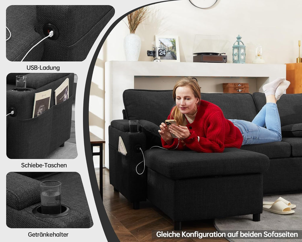 DURASPACE Sofá cama extraíble 2 en 1, sofá seccional con almacenamiento, USB, portavasos, función de dormir y arcón, sofá esquinero con espacio de almacenamiento para apartamento, sala de estar (gris oscuro)