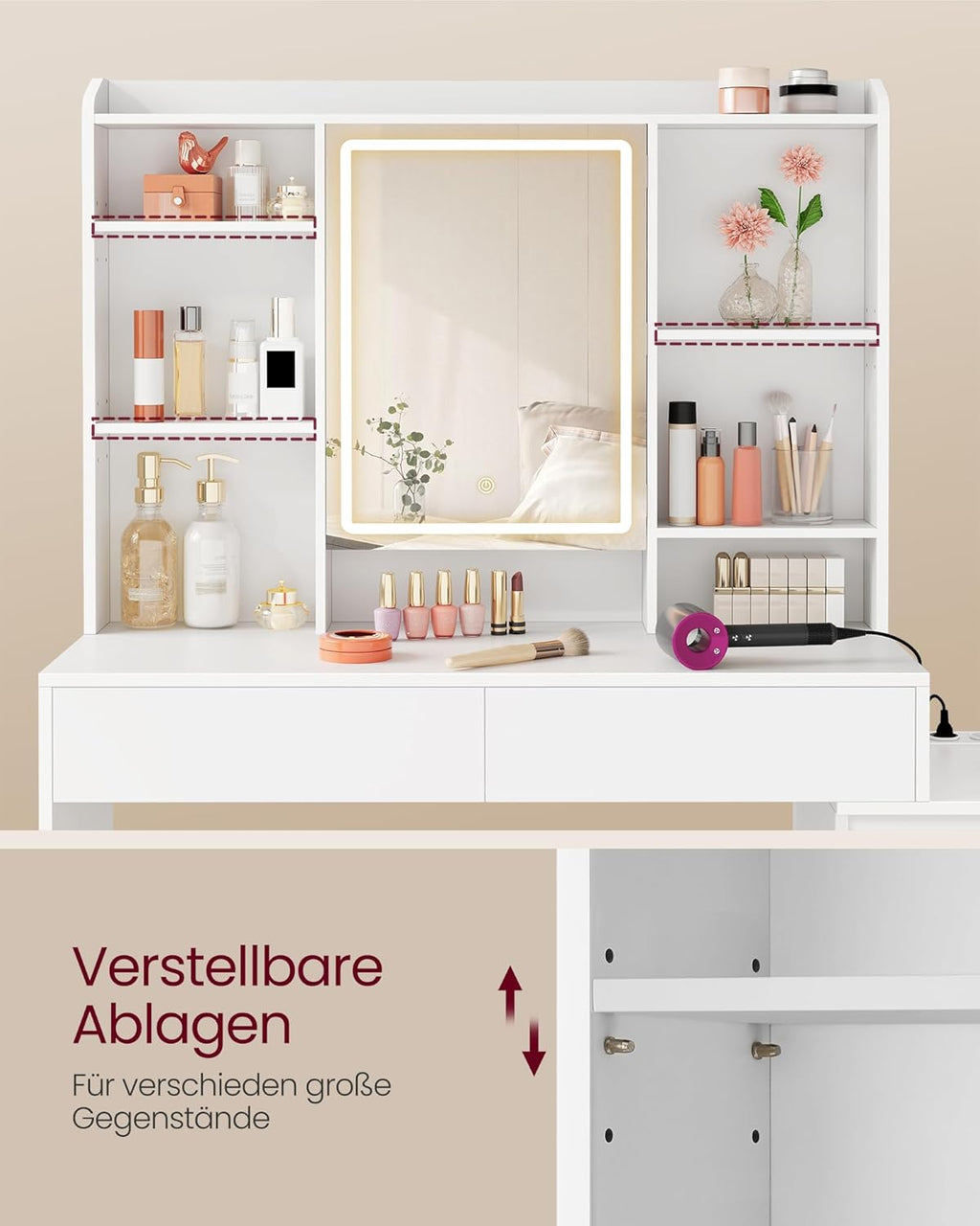 Colección VASAGLE Kailyn - Tocador con iluminación LED, mesa de maquillaje con regleta, espejo, tocador con estantes ajustables, moderno, 40 x 124,7 x 145 cm, blanco nube RDT644WB01