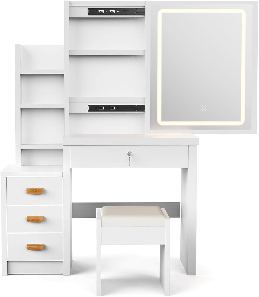 Tocador blanco, mesa de cosméticos con espejo y taburete, tocador con iluminación LED, mesa de maquillaje con 4 cajones, conjunto de tocador para dormitorio, 135 * 80 * 36 cm