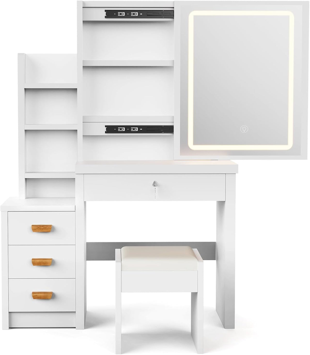 Tocador blanco, mesa de cosméticos con espejo y taburete, tocador con iluminación LED, mesa de maquillaje con 4 cajones, conjunto de tocador para dormitorio, 135 * 80 * 36 cm