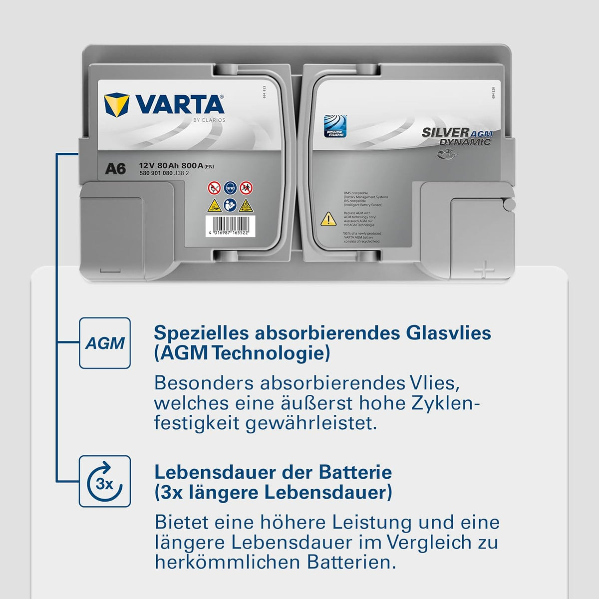 Batería VARTA Silver Dynamic AGM A6 – Batería de coche Start-Stop y xEV 12V 80Ah 800A – Batería de arranque para coches con alta demanda de energía