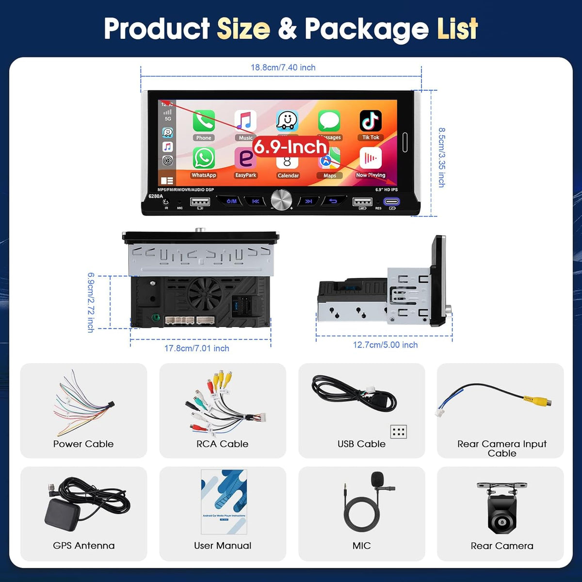 Autoradio Android 15 Motorsi con Apple CarPlay, pantalla táctil IPS de 6.9 pulgadas 1280P, 1 DIN, 4 núcleos, 2+64 GB, Bluetooth, GPS, DSP, Android Auto, WiFi, radio FM/RDS, cámara de reversa AHD y micrófono.