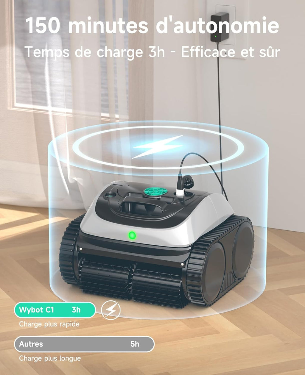 WYBOT C1 Robot limpiafondos para piscinas, fondo y paredes, 150 min, aspiradora de piscina con planificación inteligente de rutas, limpieza totalmente automática del suelo, limpieza rápida de 150 m² (verde y blanco)