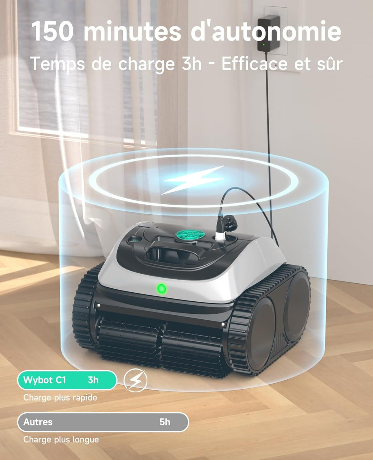 WYBOT C1 Robot limpiafondos para piscinas, fondo y paredes, 150 min, aspiradora de piscina con planificación inteligente de rutas, limpieza totalmente automática del suelo, limpieza rápida de 150 m² (verde y blanco)