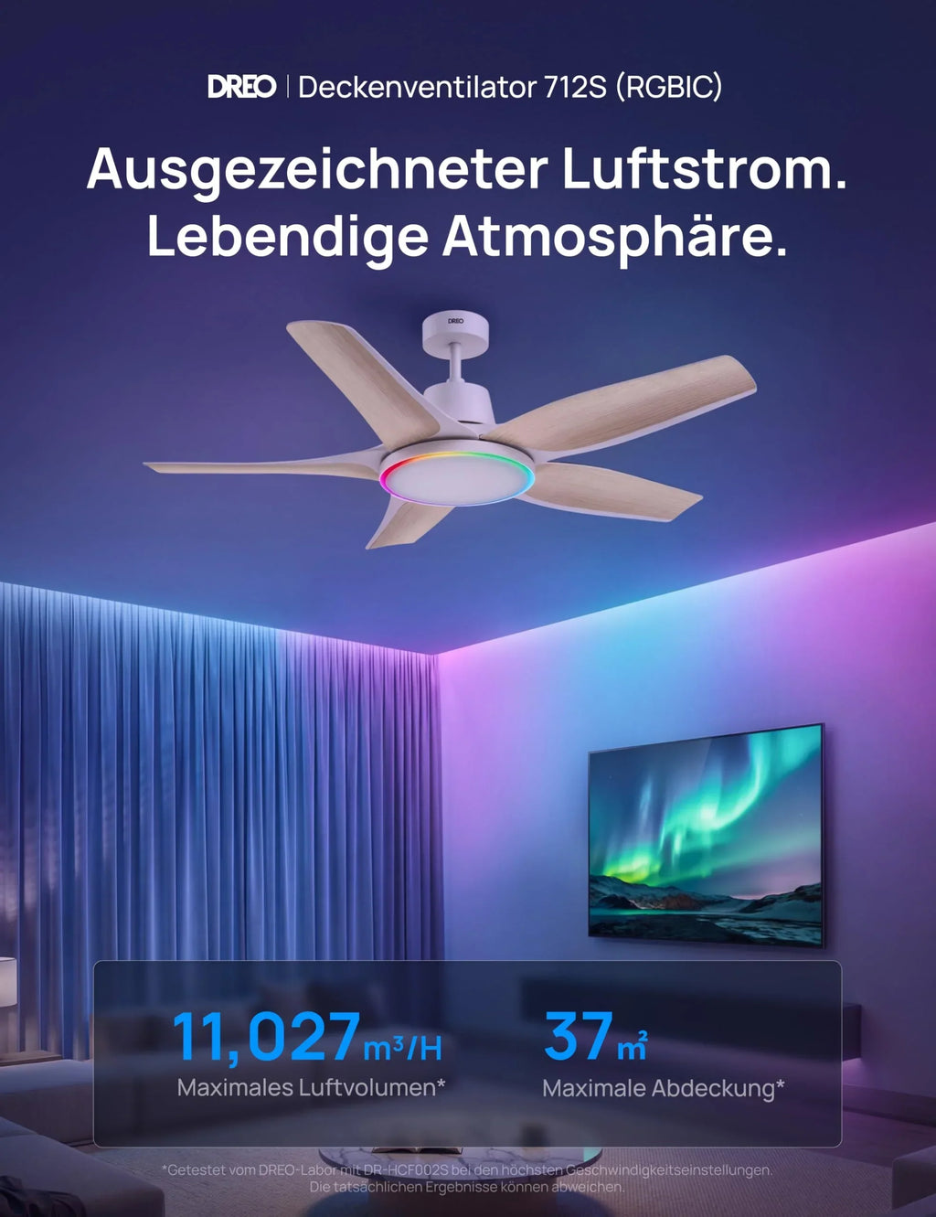 Ventilador de techo con luz LED de 132 cm, regulable, luz ambiental RGB, motor CC de 54 W, control por aplicación y Alexa
