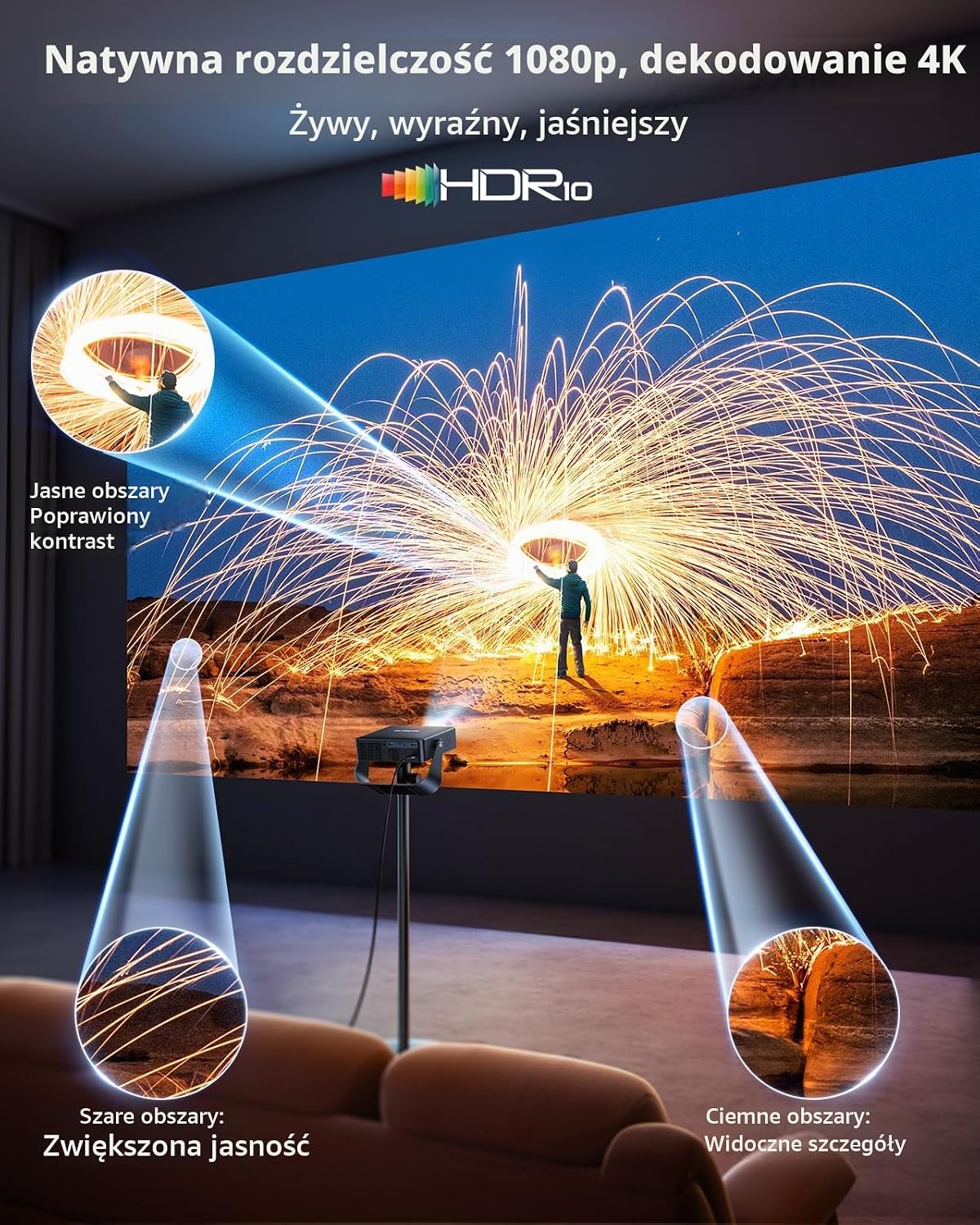 Inteligentny rzutnik (kompatybilny z Netflix/Live TV/obracany o 330°】 Mini projektor 4K z autofokusem / korekcją trapezu 6D, mini projektor 4K 1080p Full HD WiFi6 i Bluetooth do kina domowego