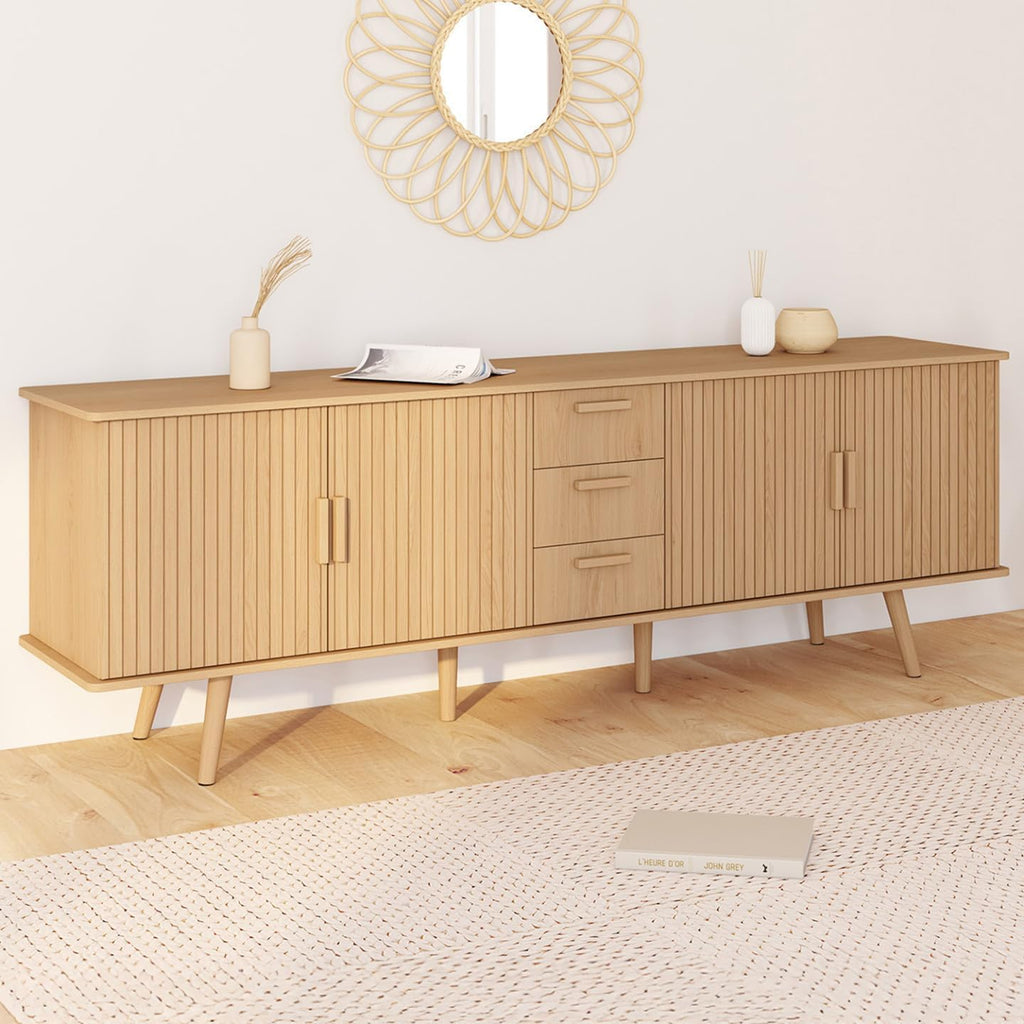 IDMarket - Aparador Juliette XXL de 180 cm, 4 puertas efecto listones y 3 cajones