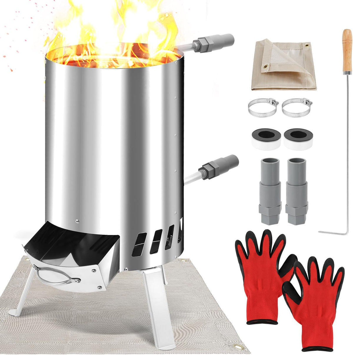 Calentador de piscina de leña Fiqops, calefactor de piscina con fuego, calentador de piscina de acero inoxidable tipo barril, horno para piscina con conexiones de 32-38 mm, calentador de piscina exterior de leña, con alfombrilla ignífuga y bandeja
