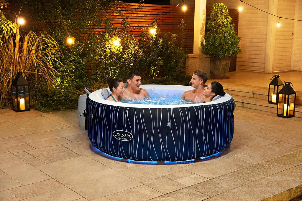 Jacuzzi inflable LED Bestway Lay-Z-Spa Hollywood para 6 personas, Ø 196x66 cm | 140 chorros AirJet, tira de luces LED con control remoto, calefacción hasta 40°C, 4 cojines de espuma