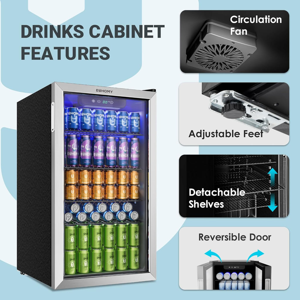 EUHOMY 90L Refrigerador de bebidas, mininevera para 126 latas con puerta de cristal, nevera pequeña con estantes ajustables para refrescos, cerveza o vino, perfecta para el hogar/bar/oficina, plateado, acero inoxidable