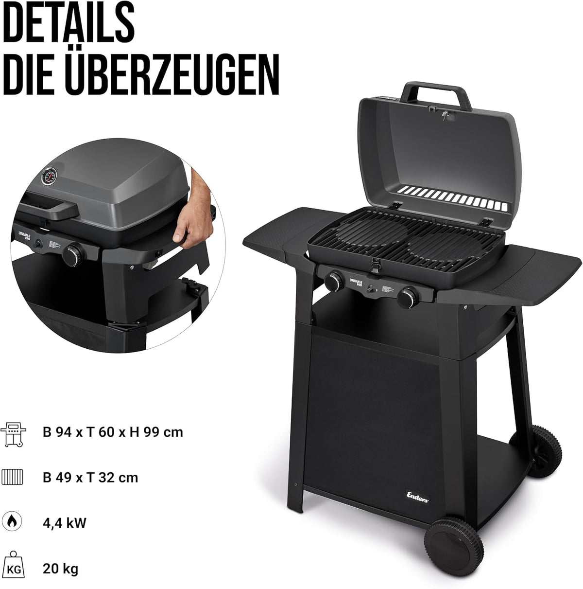 EndersGasgrill Urban II Pro, parrilla de mesa, función de asado, cocción y horneado, 2 quemadores de acero inoxidable, con termómetro para parrilla, parrilla para balcón y camping, carcasa de aluminio fundido, rejilla de hierro fundido, #2062