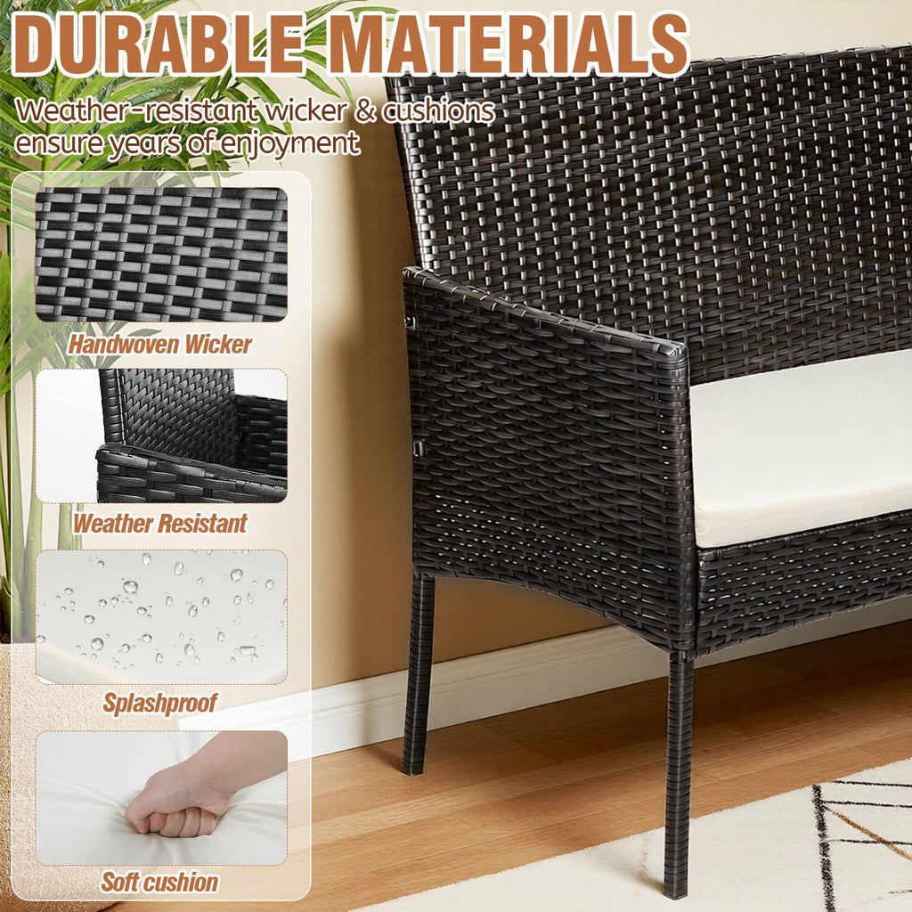 Set de muebles de jardín de ratán sintético para 4 personas, con sofá de 2 plazas, 2 sillas, mesa y cojines, resistente a la intemperie, conjunto de muebles de terraza y balcón en negro para jardín, patio y balcón