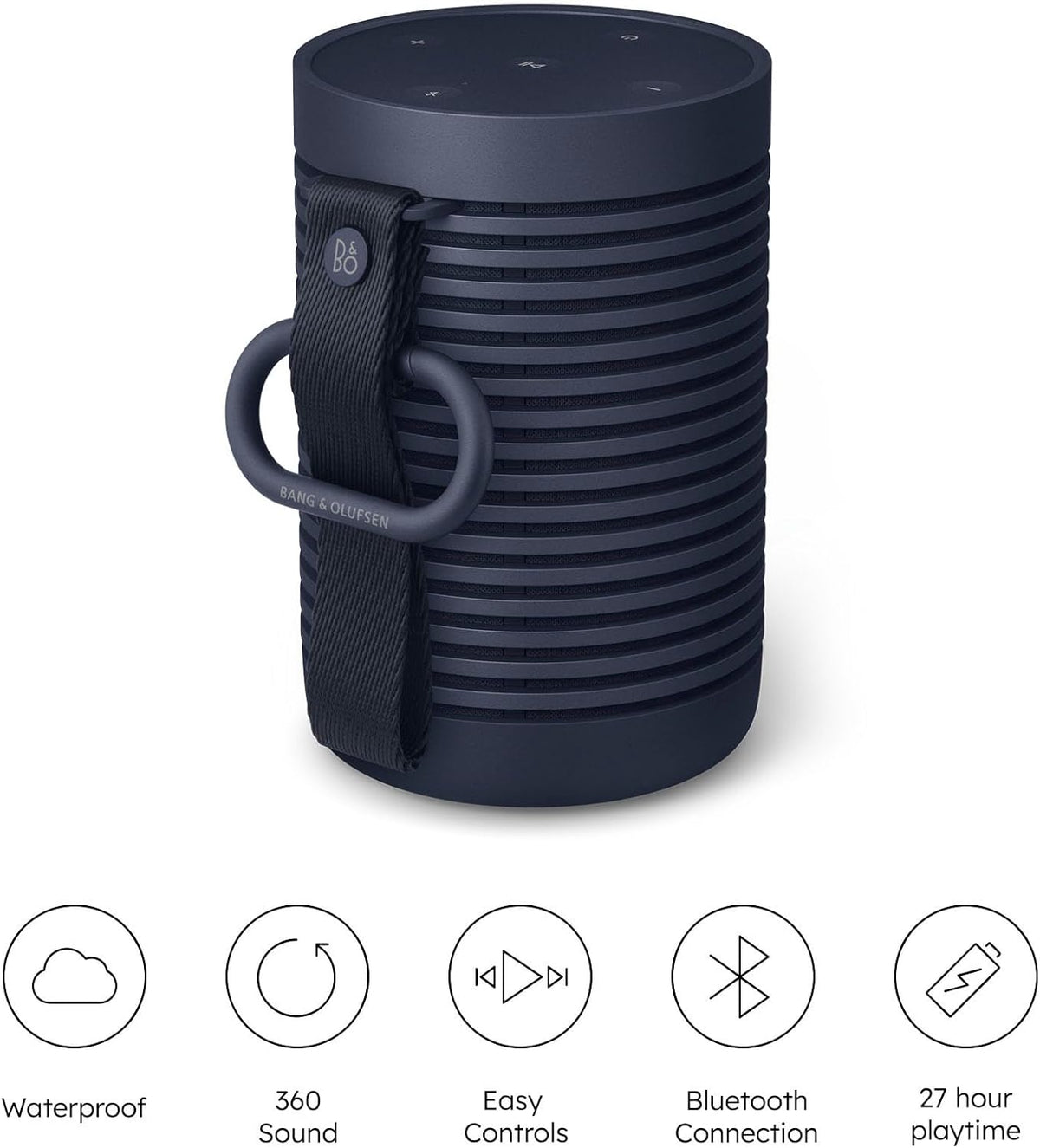 Bang & Olufsen Beosound Explore – Altavoz Bluetooth inalámbrico portátil para exteriores, hogar y viajes, 27 horas de autonomía, resistente al agua, sonido 360° + cable de carga USB-C – Negro antracita