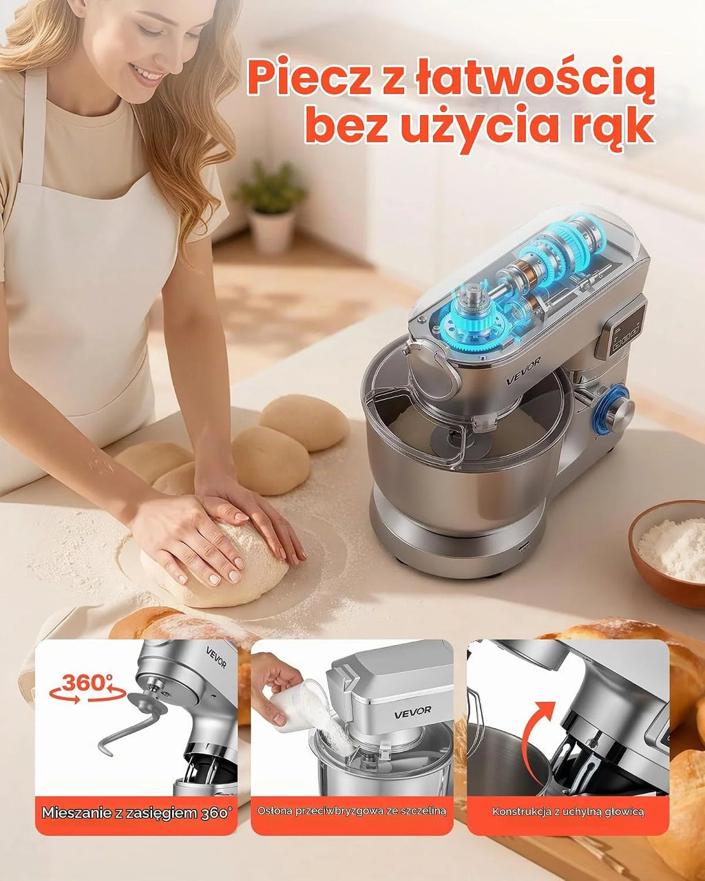 VEVOR Wielofunkcyjny robot kuchenny elektryczny 1500 W, z miską ze stali nierdzewnej (5,7 l) i kubkiem do miksowania (1,5 l), ugniatarką, mikserem do ciasta z prędkością 6+p, hakiem do zagniatania