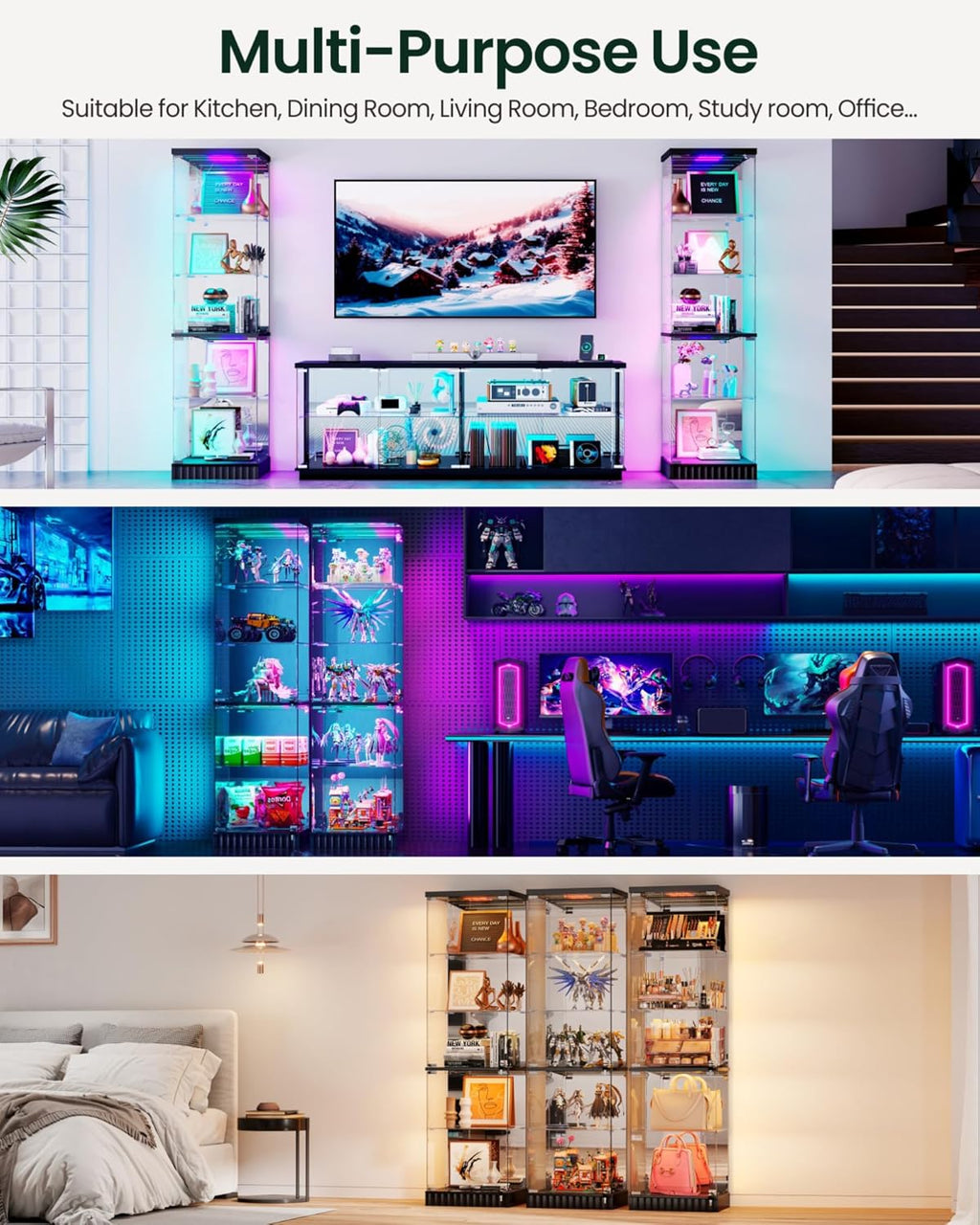 Vitrina de cristal Lvifur con iluminación LED y cajones, vitrina vertical con sensores inteligentes, vitrina de cristal y madera de 5 niveles para objetos de colección, vino, salón, dormitorio
