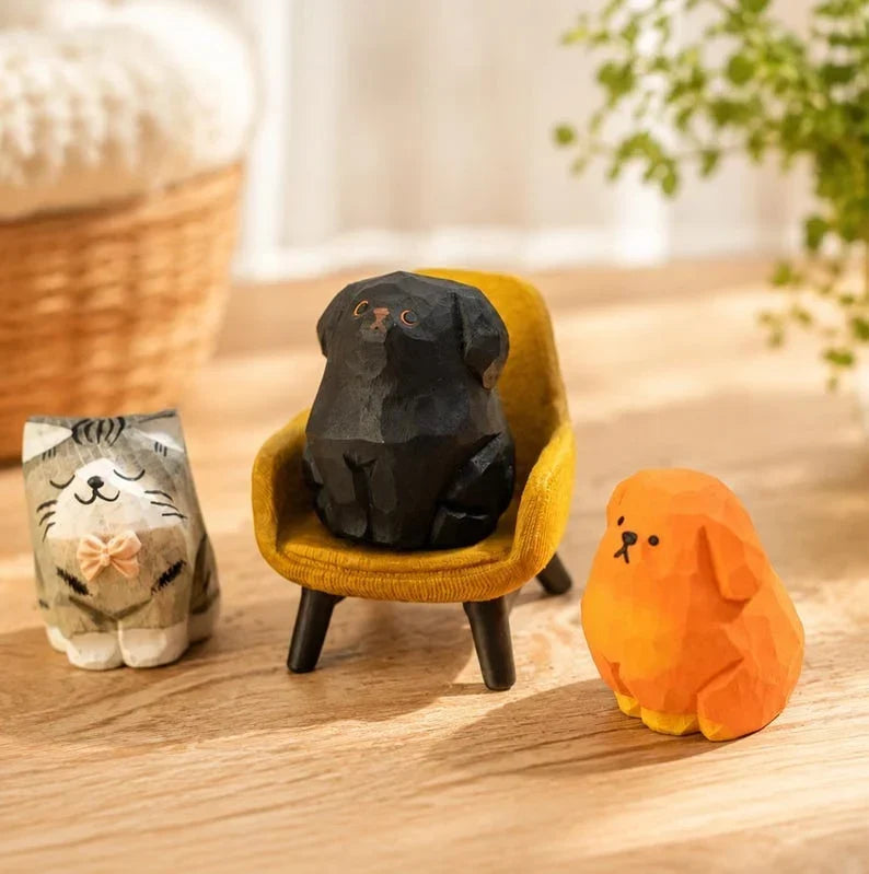 Adornos de madera tallados a mano de gatos y perros, decoración rústica para el hogar estilo bohemio de granja para escritorio