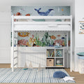 N01 Cama alta de madera 100x200 cm, litera con escalera, 2 lados de montaje de escalera: izquierda o derecha, bordes redondeados seguros, construcción estable de madera maciza, materiales de alta calidad, blanco