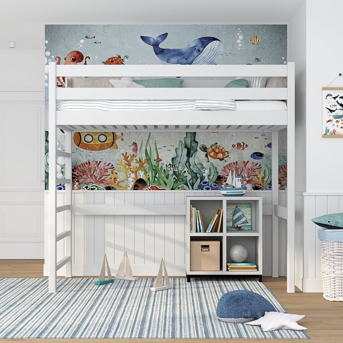 N01 Cama alta de madera 100x200 cm, litera con escalera, 2 lados de montaje de escalera: izquierda o derecha, bordes redondeados seguros, construcción estable de madera maciza, materiales de alta calidad, blanco